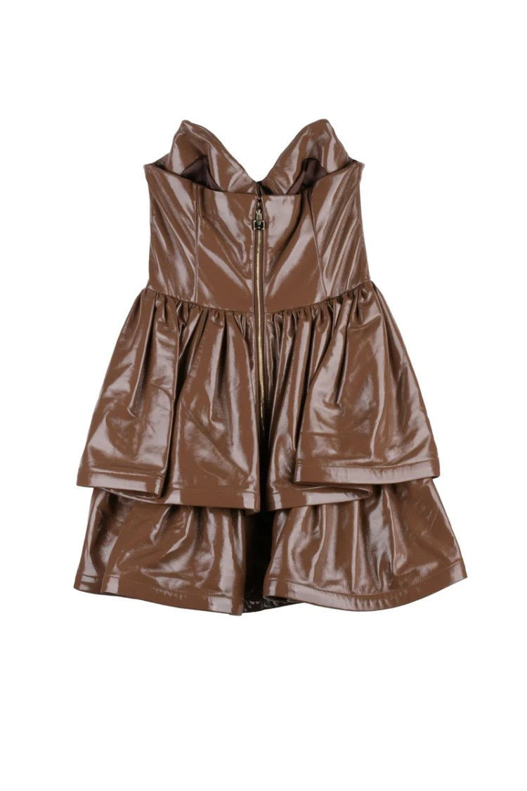 Elisabetta Franchi Short Faux Leather Dress Heart Neckline - Chocolate