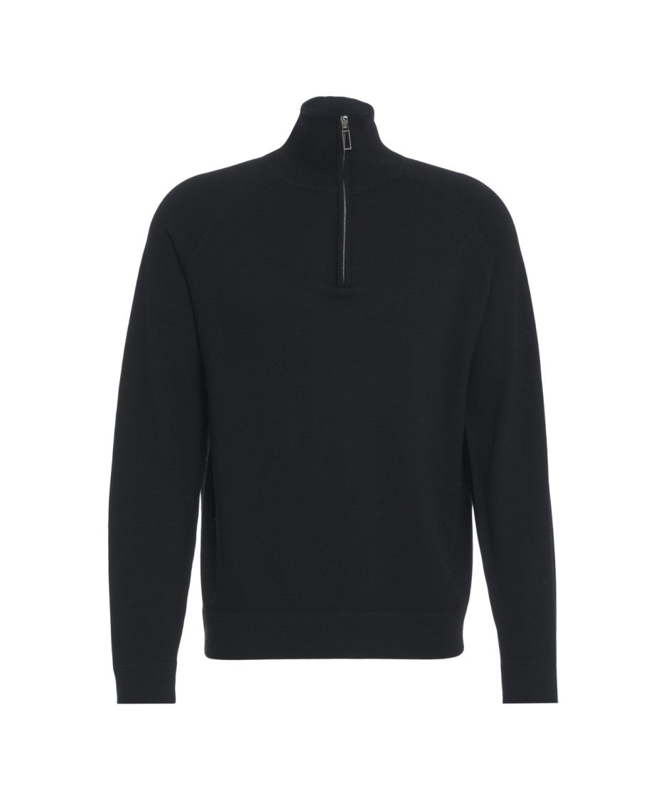 Paolo Pecora Mock Neck Half-Zip Knit Sweater With Ribbed Details