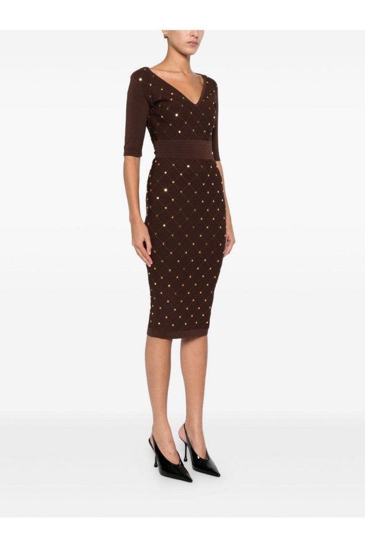 Elisabetta Franchi Brown Gold-Stud Geometric Embellished Viscose-Blend Midi Dress