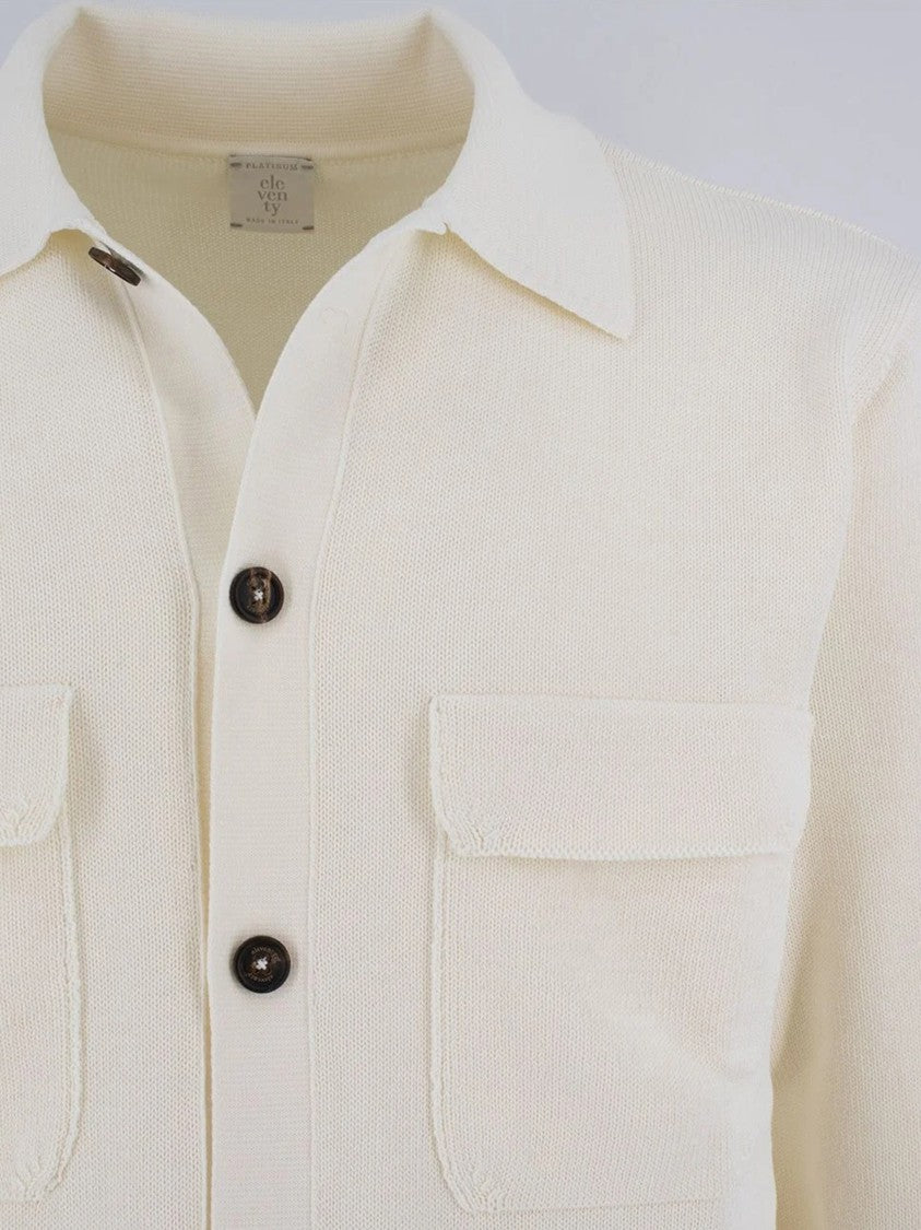 Eleventy Knitted Cream Button-Up Flap Pocket Shirt