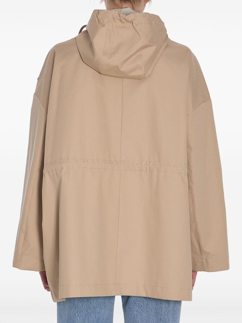Moncler Relaxed Fit Beige Coat With Hood And Drawstring Details