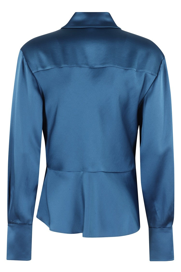 Simkhai Satin-Finish Long-Sleeve Blouse With Draped Front