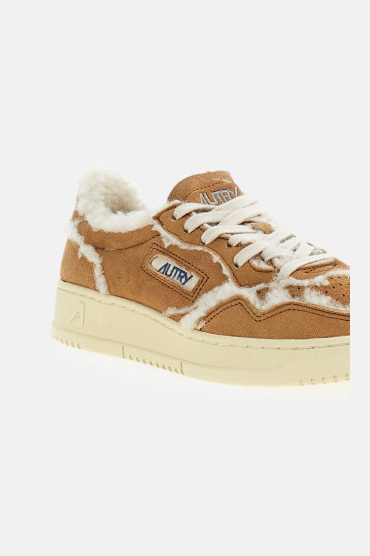 Autry Beige Cognac Medalist Low Suede Shearling Sneakers