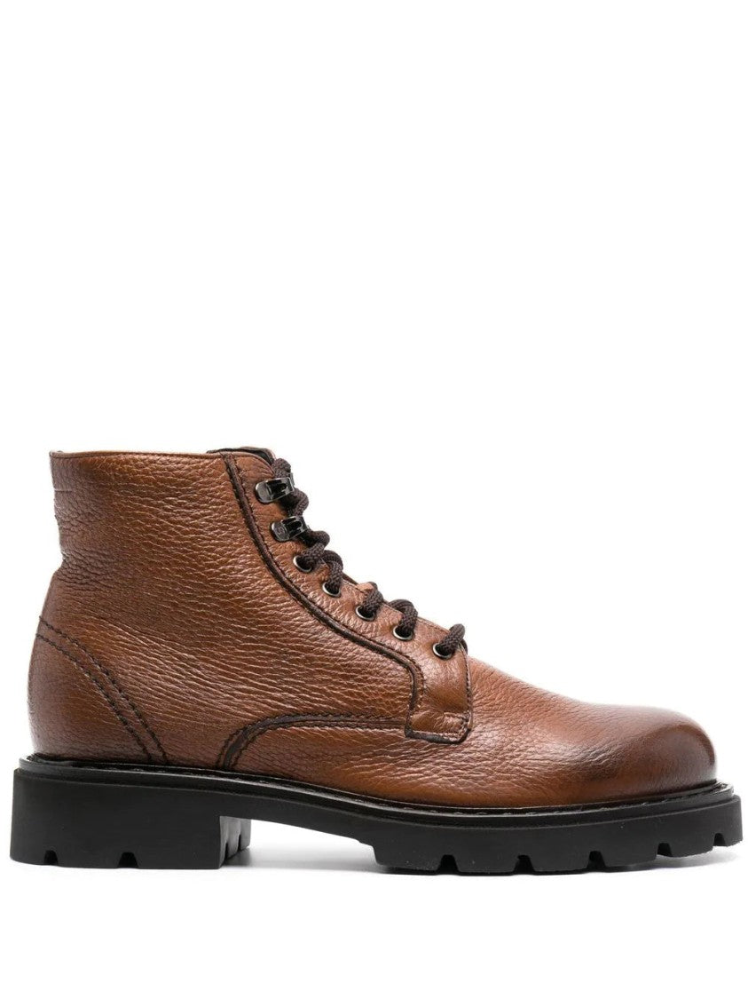 Casadei Textured Brown Leather Casual Ankle Boots With Rugged Sole