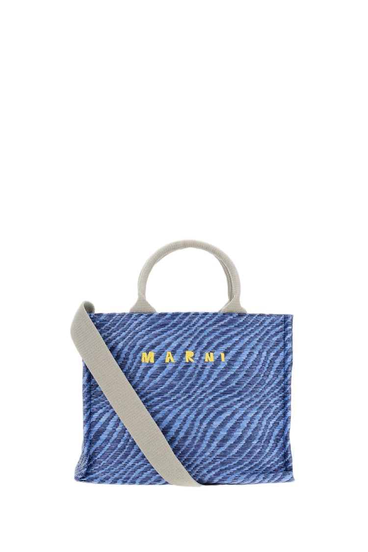 Marni Textured Blue Canvas Small Tote Bag With Contrasting Strap