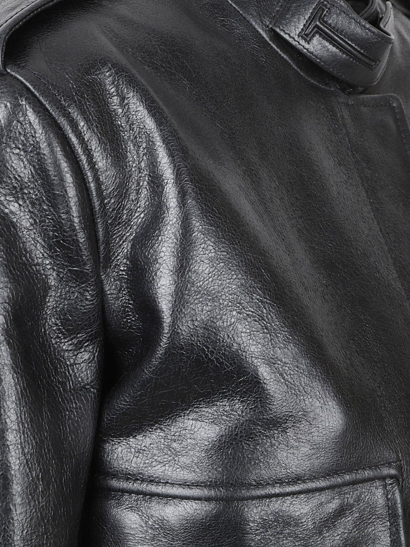 Tom Ford Cropped Black Lamb Leather Jacket With High Collar