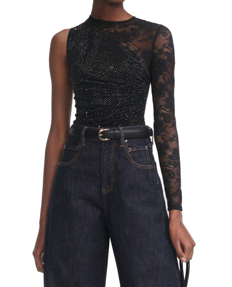Self-Portrait Black Rhinestone Lace Sleeve Top