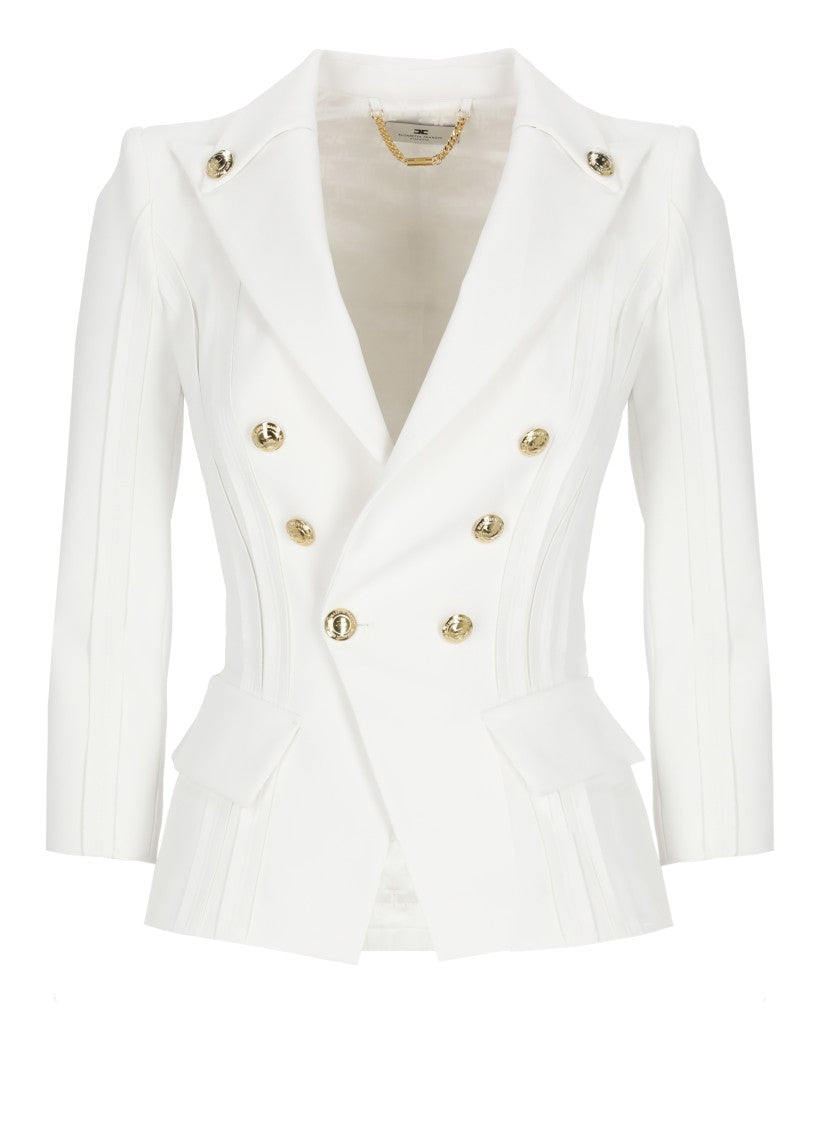 Elisabetta Franchi Ivory Double-Breasted Logoed Blazer