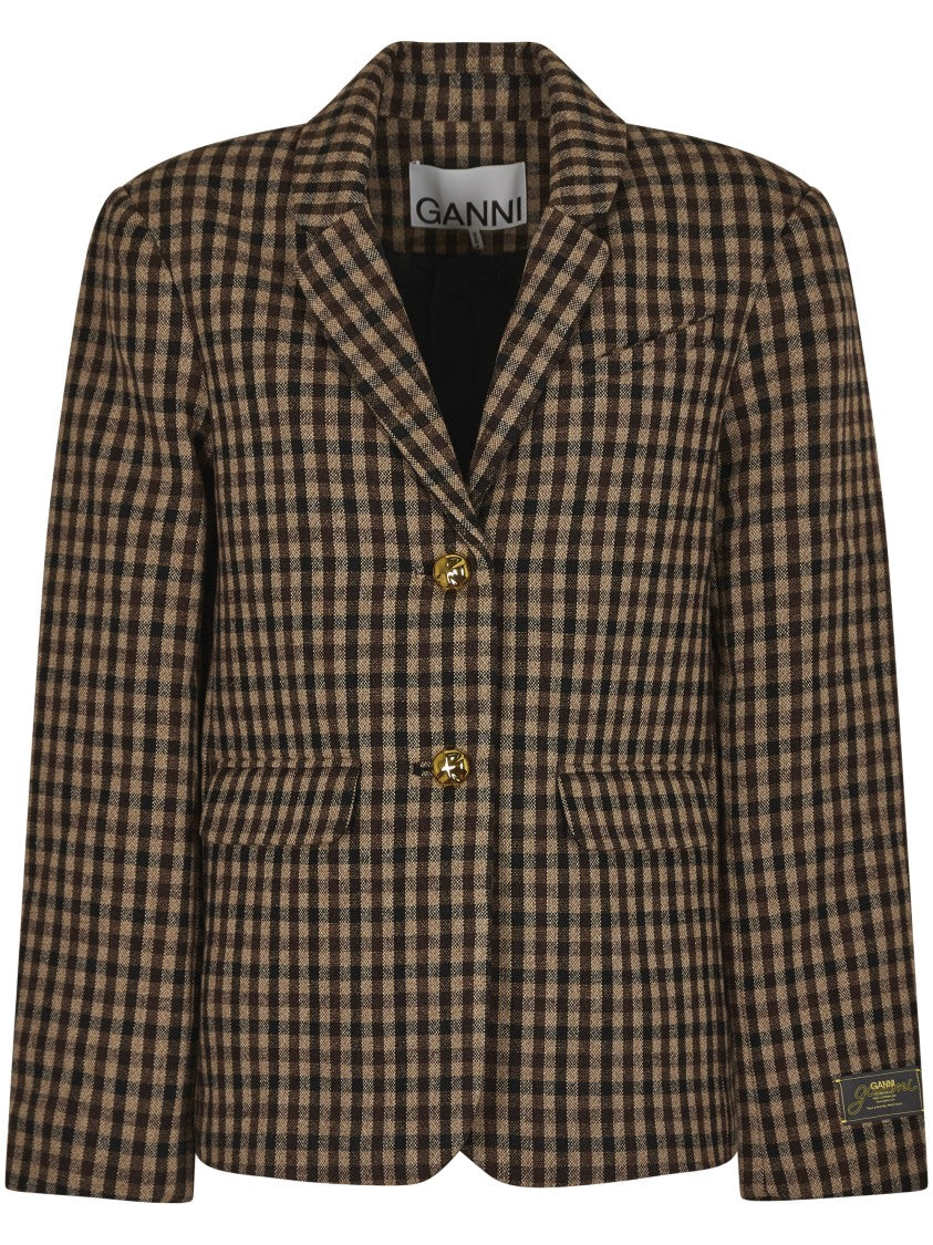 Ganni Check Wool Blend Oversized Blazer With Notched Lapels