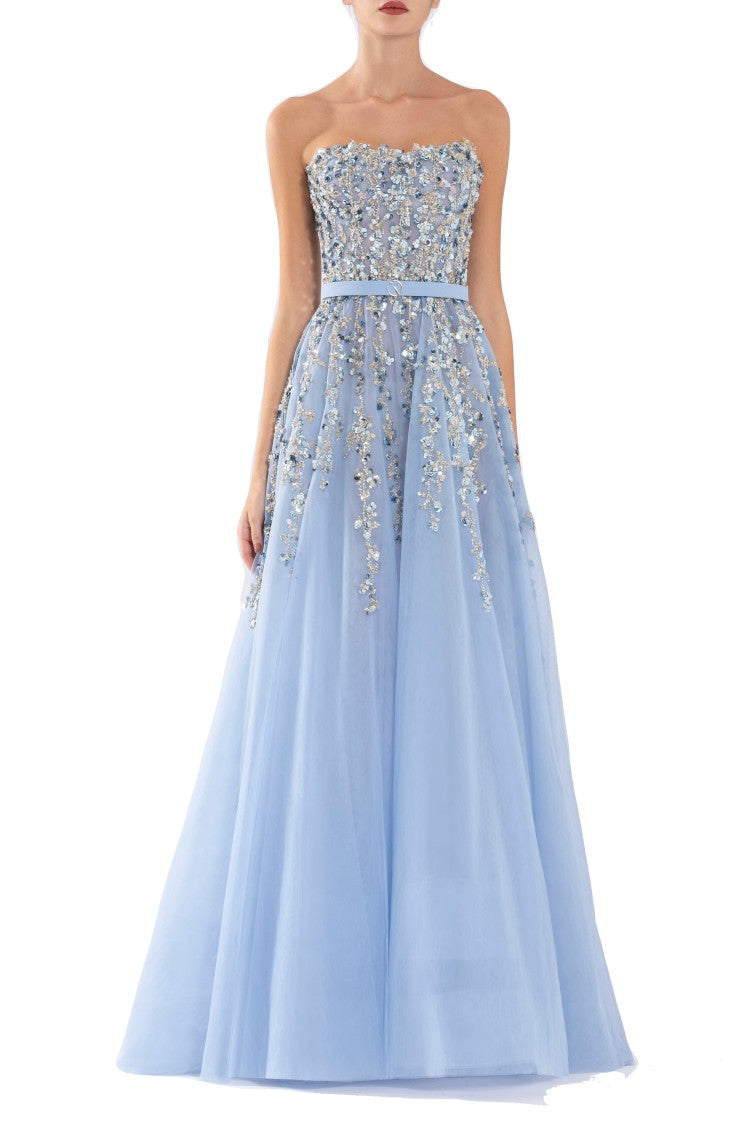 Saiid Kobeisy Strapless Tulle Evening Dress With Dotted Beading
