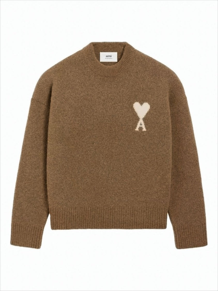 Ami Paris Relaxed Fit Brown Alpaca Wool Sweater