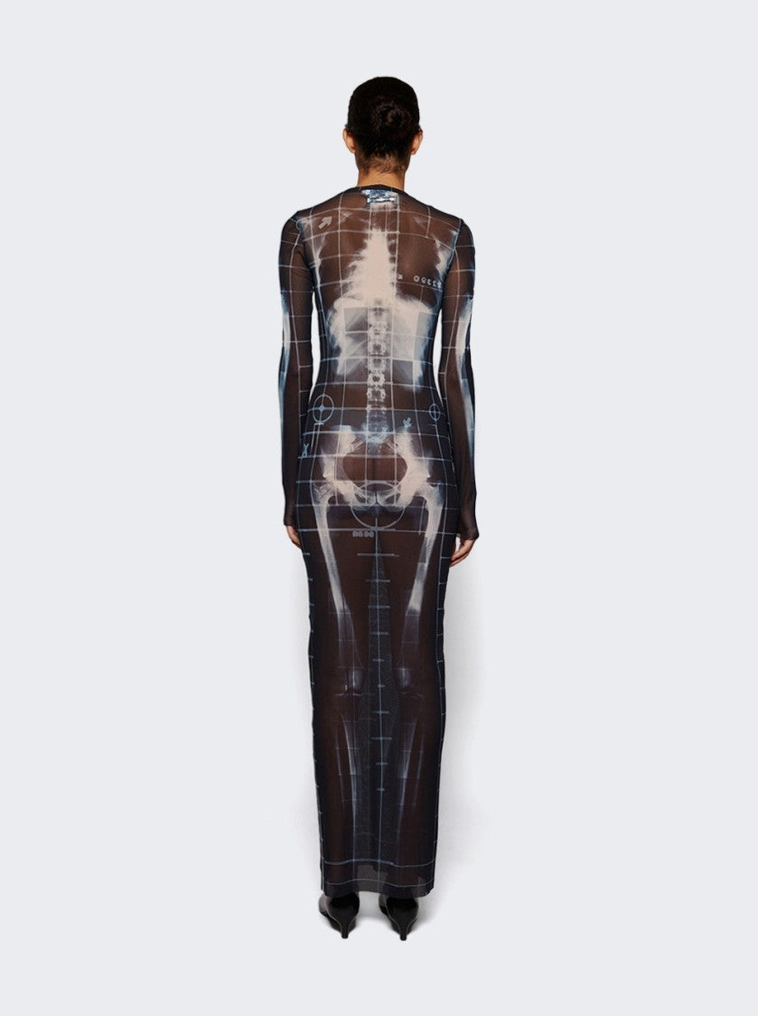 Jean Paul Gaultier Squeletor Printed Mesh Long Dress Black And Navy
