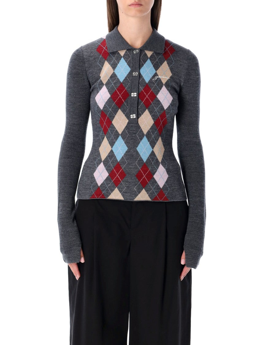Ganni Grey Knitted Polo Wool With Argyle Pattern