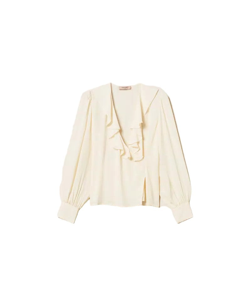 Twin-Set White Viscose-Blend Crêpe De Chine Crossover Ruffled Blouse