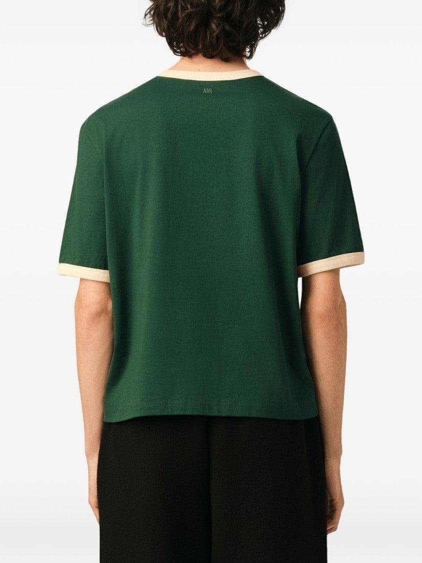 Ami Paris Cropped T-Shirt With Cream Ribbed Trims And Embroidered Logo