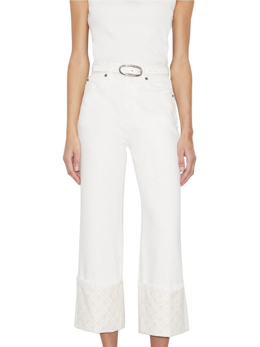 Tory Burch High-Waisted Contrast Cuff Straight-Leg Jeans