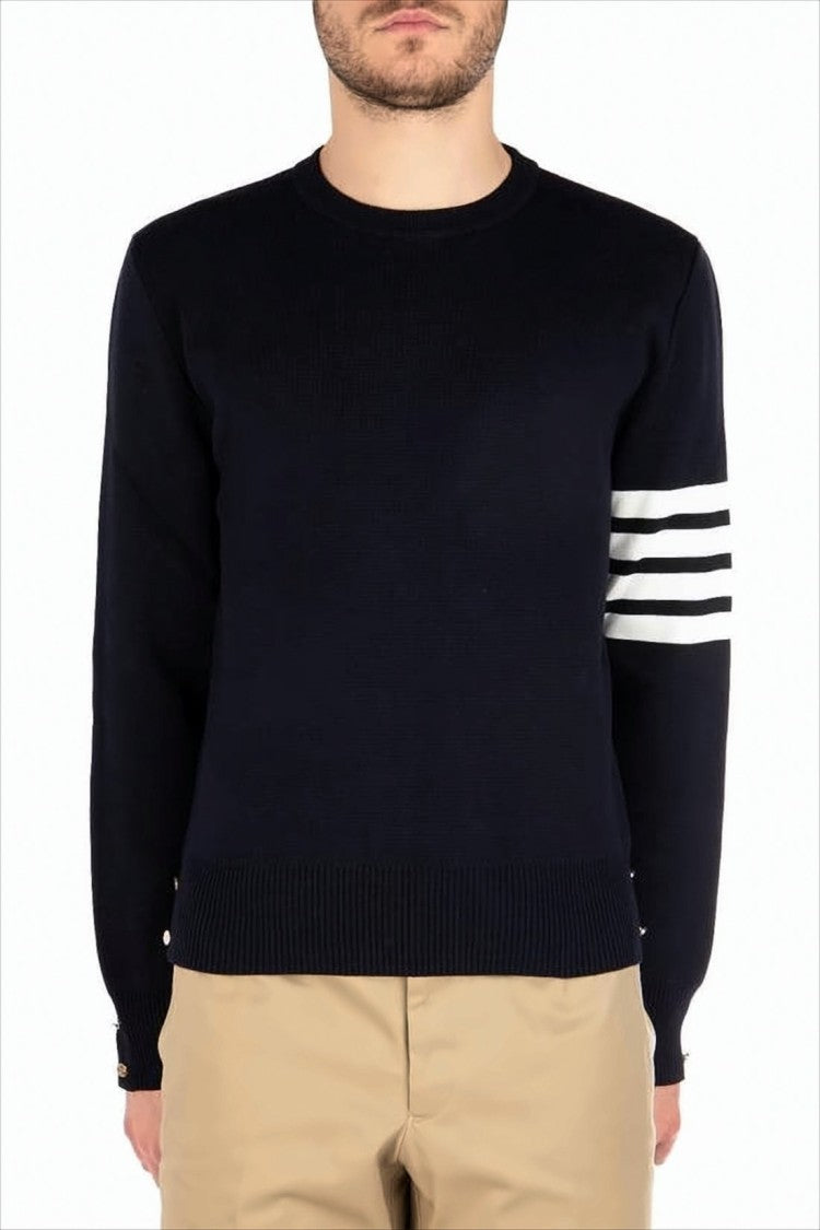 Thom Browne Classic Crew Neck Cotton Sweater With Striped Detailing