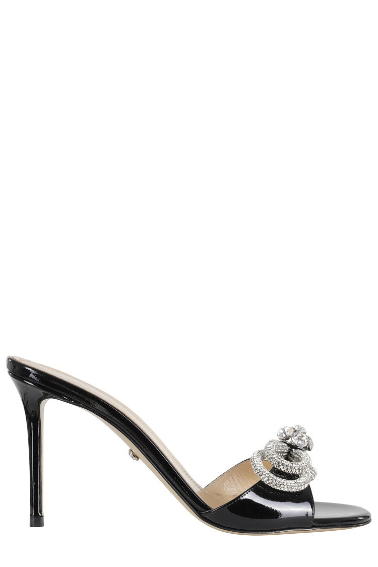 Mach & Mach Black Patent Leather Rhinestone-Bow Leather Mules
