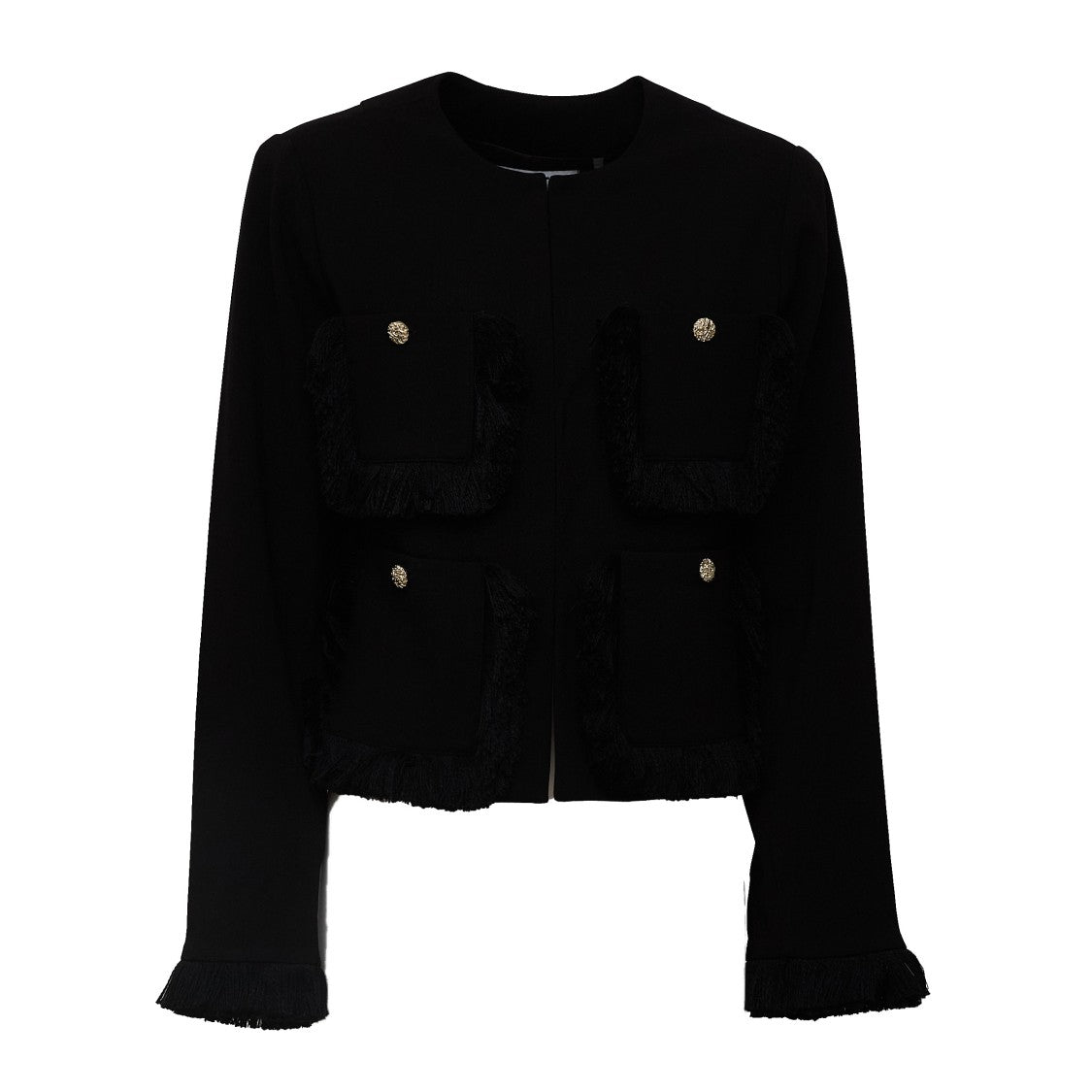 Essentiel Antwerp Black Kinetic Fringed Padded Shoulder Blazer