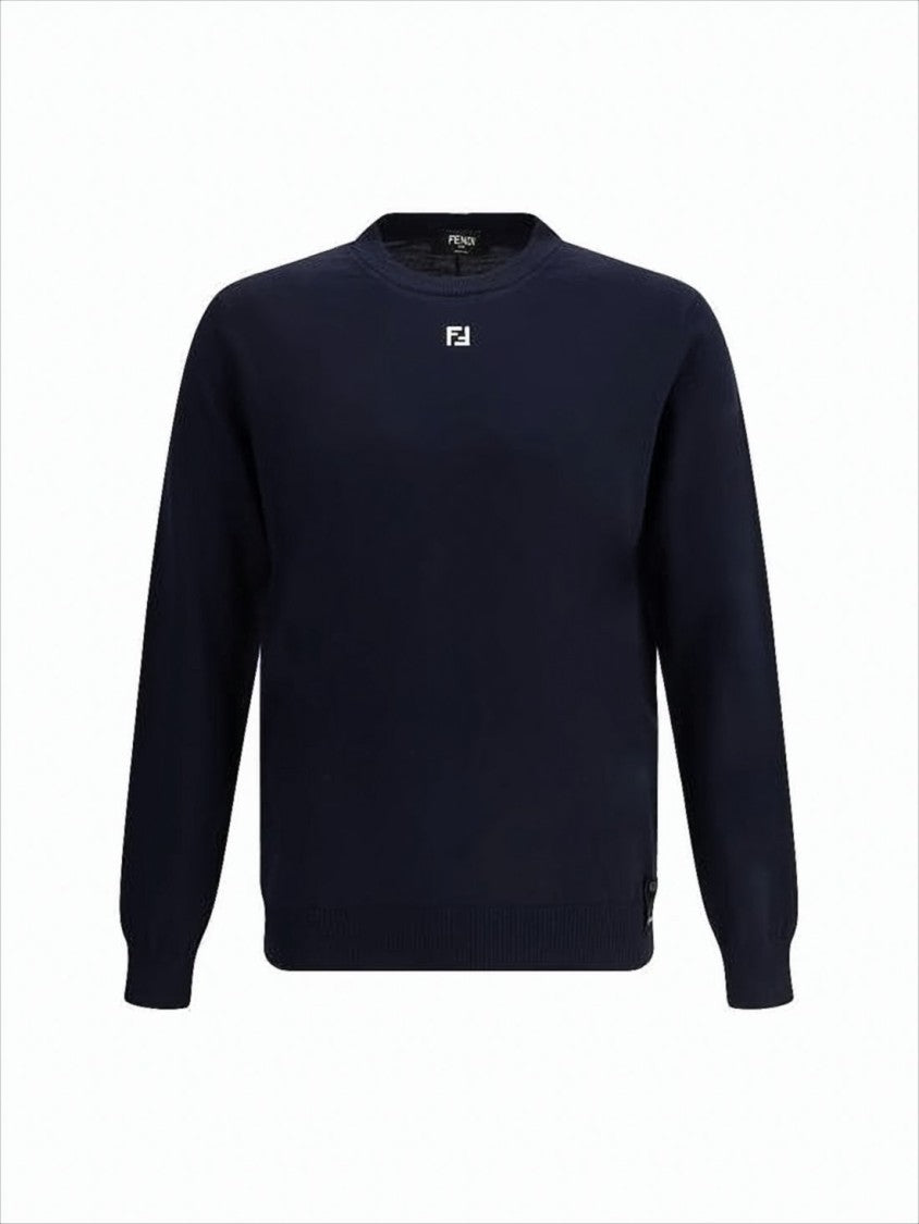 Fendi Deep Navy Wool Blend Crewneck Sweater With Subtle Logo Detail