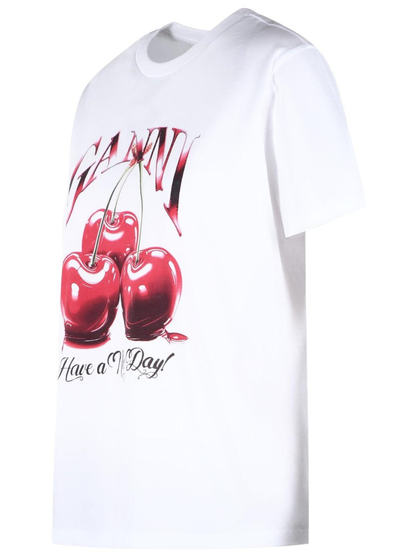 Ganni 'Cherry' White Cotton T-Shirt