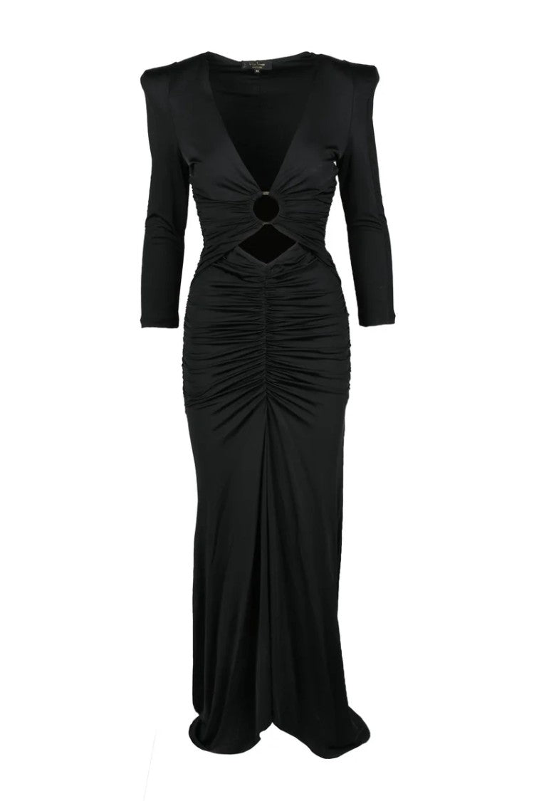 W Les Femmes By Babylon Fluid Black Midi Dress With V-Neckline
