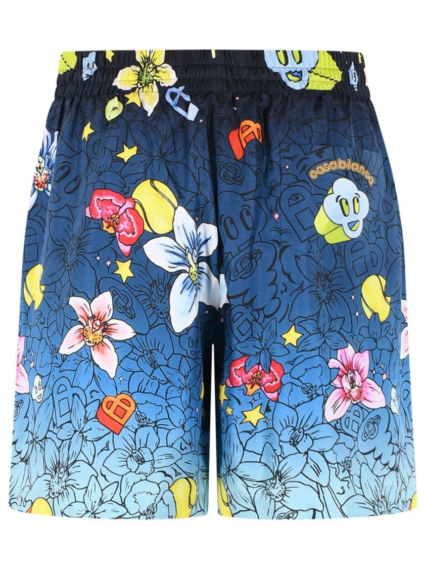 Casablanca Collage D'icones' Blue Silk Shorts