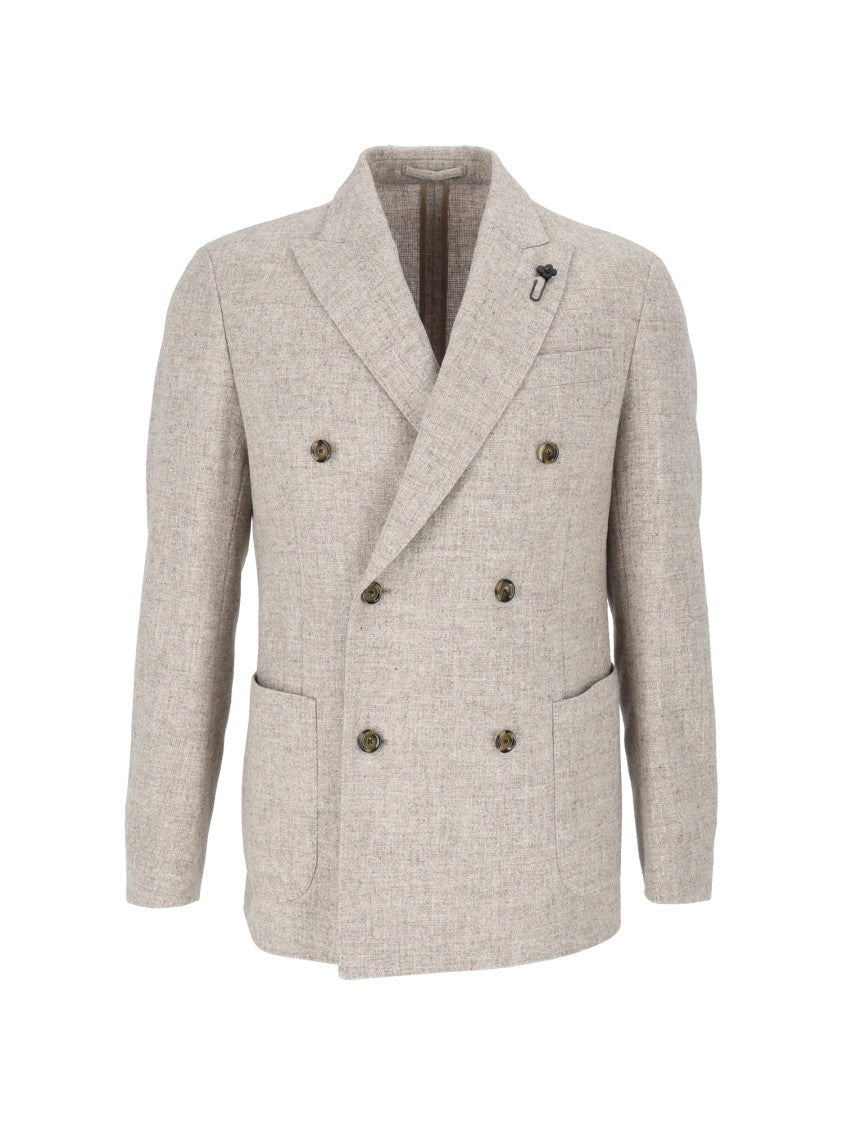 Lardini Textured Beige Double-Breasted Wool Jacket With Tailored Fit