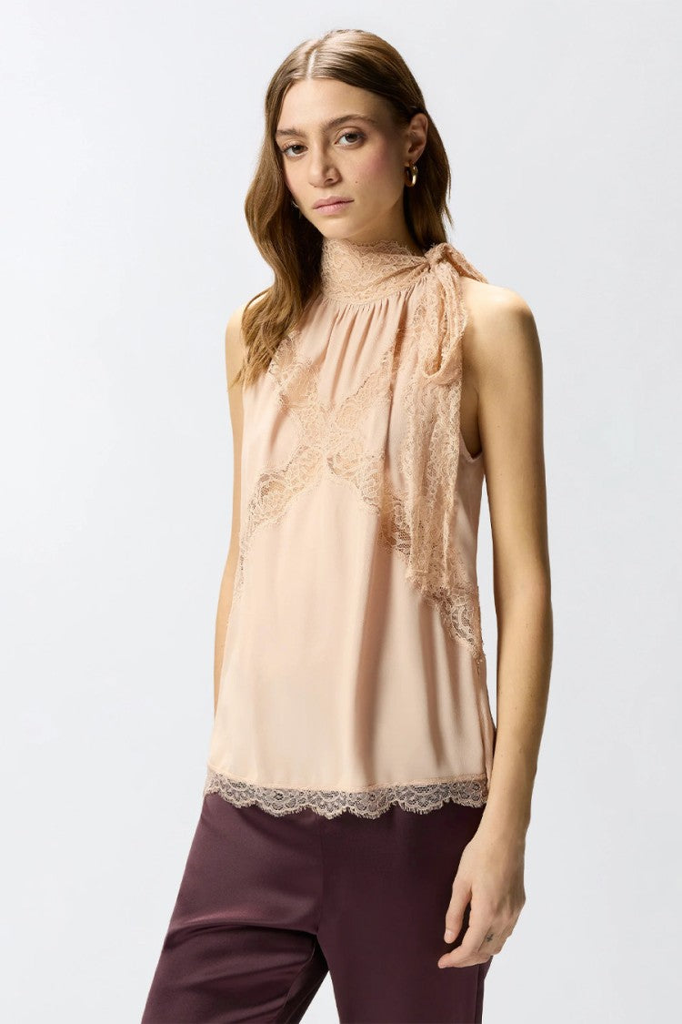Pinko Pink Mandarancio Lace Trim Tie Waist Acetate-Silk Tank Top