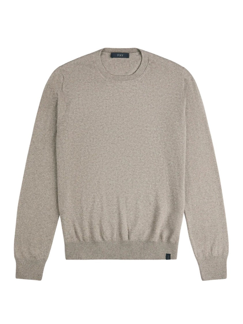 Fay Beige Fine-Knit Wool Sweater With Crew Neck And Ribbed Details