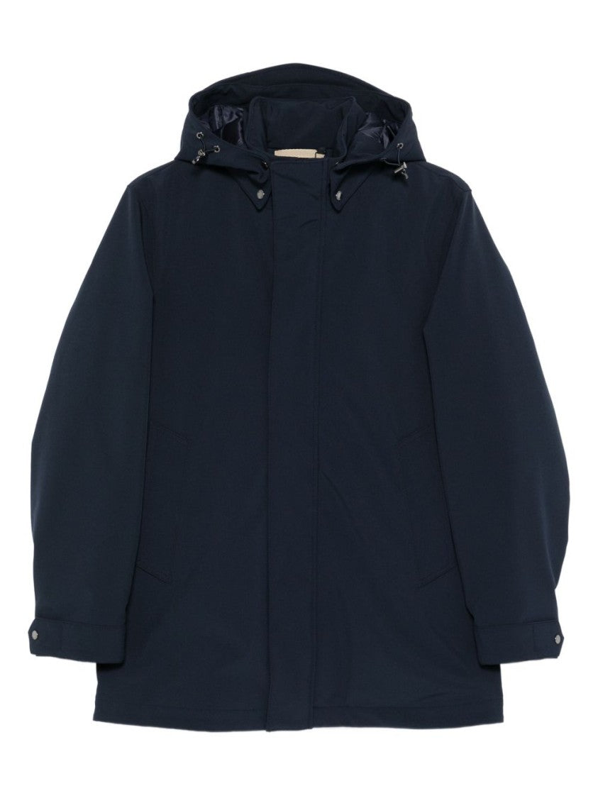 Woolrich Navy Blue Hooded Jacket With Concealed Fastening