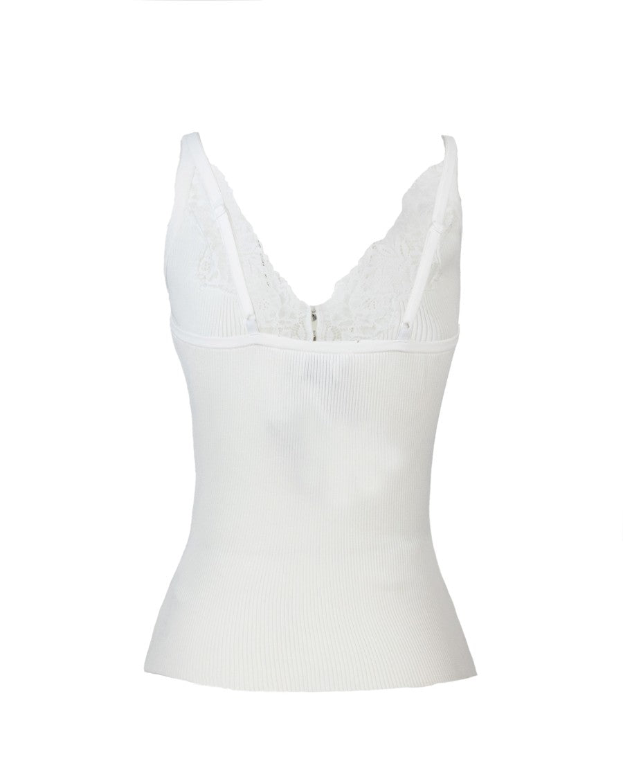 Self-Portrait White Ribbed Top With Lace Trim