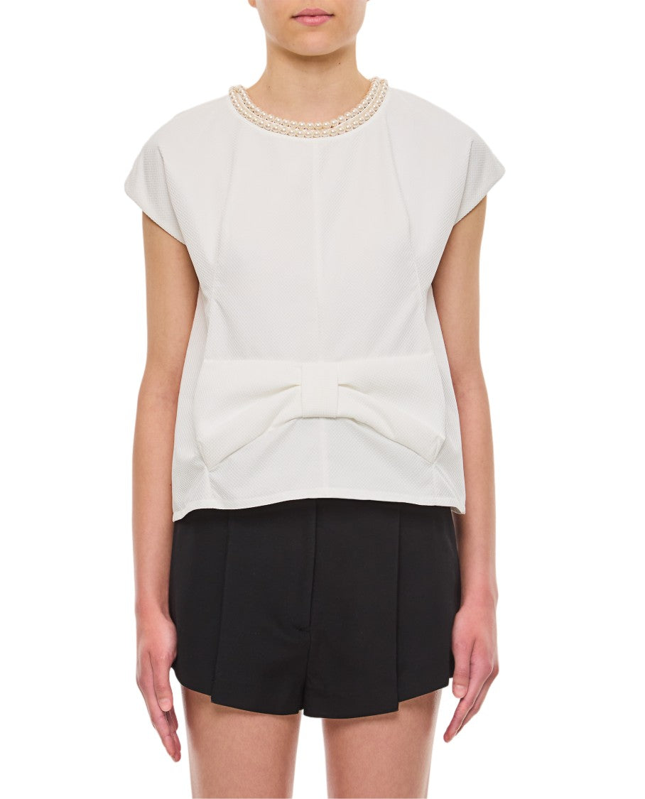 Junya Watanabe Textured Blouse With Pearl Jewel Neckline And Cape Sleeves