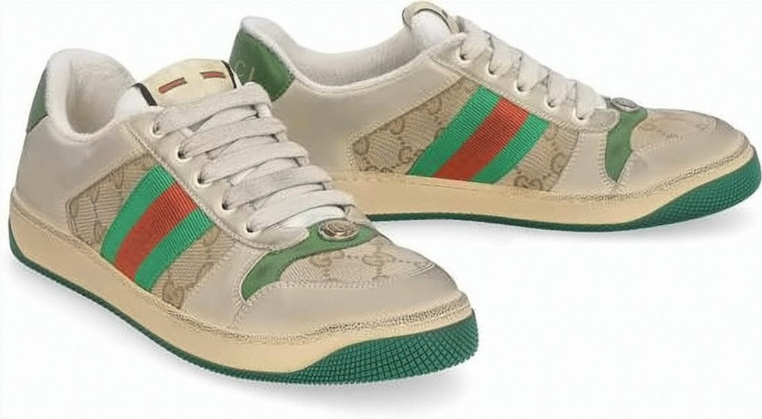 Gucci Low-Top Beige Leather Sneakers With Gg Monogram And Web Stripes