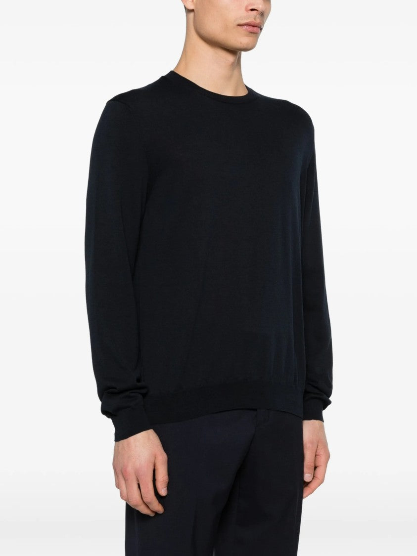 Zanone Black Fine-Knit Crew Neck Wool Pullover