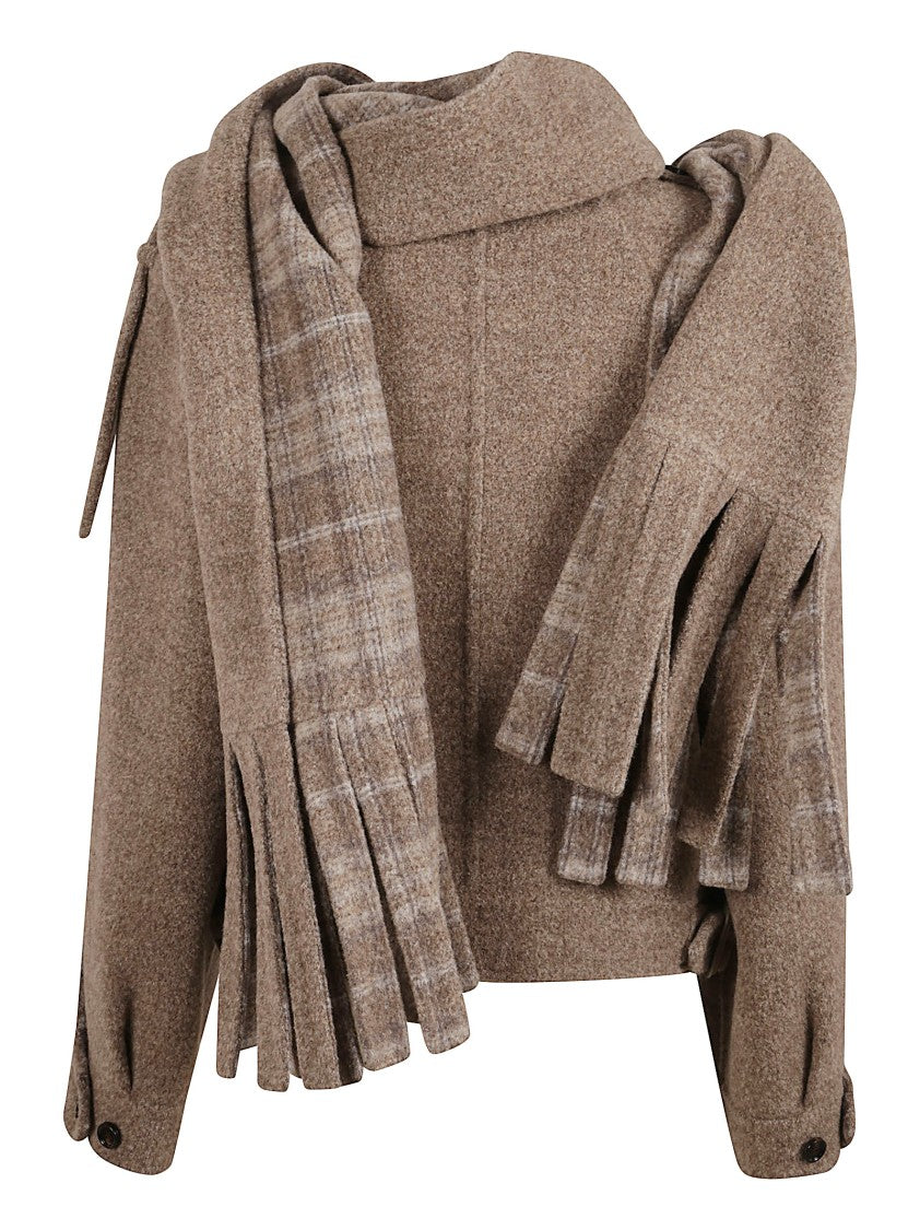 Burberry Structured Wool Blend Jacket With Detachable Scarf