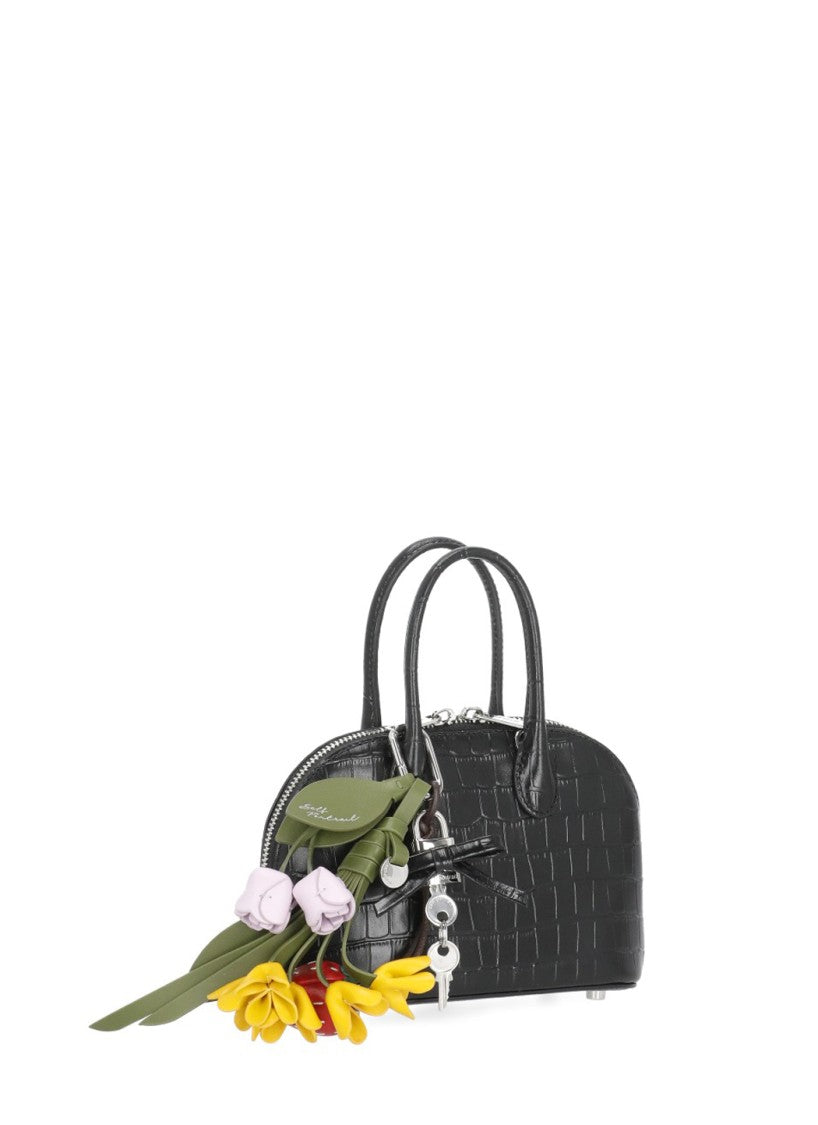 Self-Portrait Textured Black Crocodile-Embossed Handbag With Dual Cursors And Charms