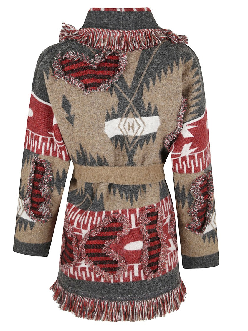 Alanui Tribal-Pattern Knit Cardigan With Shawl Collar And Fringed Edges
