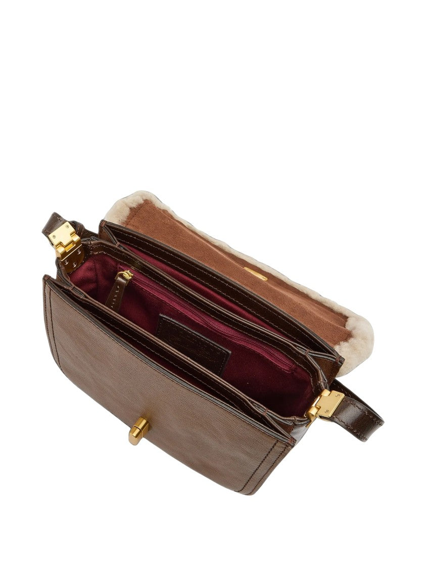 The Bridge Structured Shoulder Bag In Tan Brown Leather With Shearling Trim