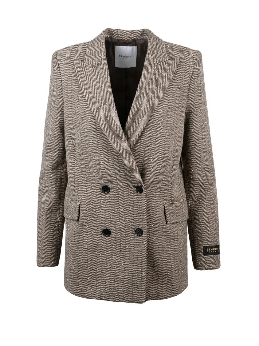 Ermanno Firenze Double-Breasted Herringbone Jacket With Rhinestone Embellishments