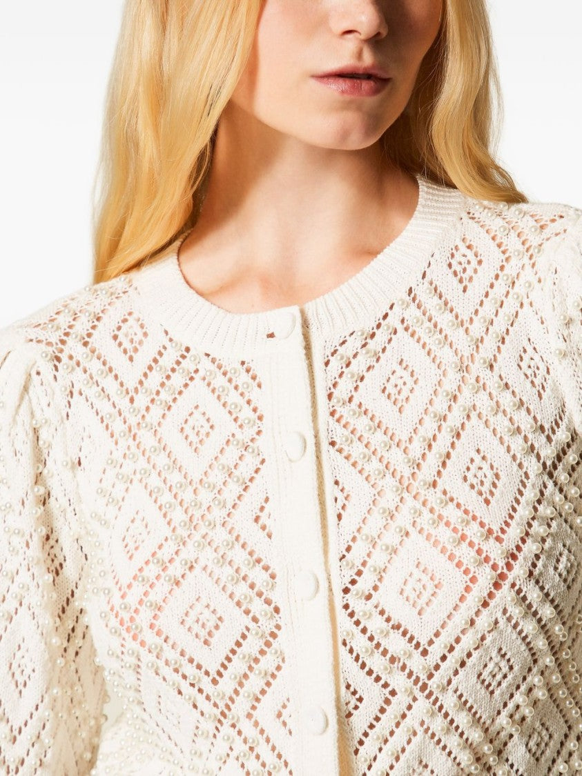 Twin-Set Cropped Knit Cardigan With Openwork Diamond Pattern And Puffed Sleeves