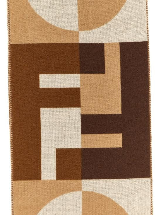 Fendi Geometric Wool And Cashmere Scarf With Fringed Edges