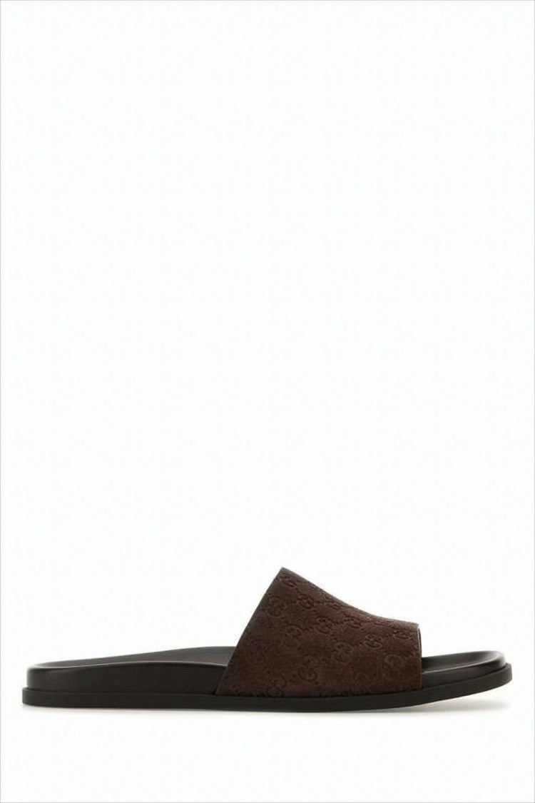 Gucci Brown Suede Sandals With Embossed Strap