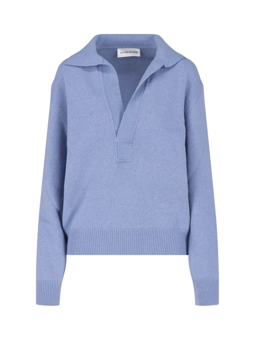 Victoria Beckham Muted Periwinkle Blue Fine-Knit Sweater With V-Neckline