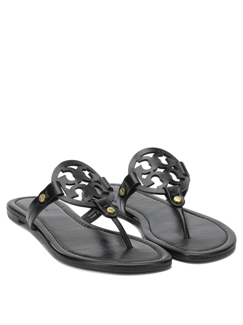 Tory Burch Cut-Out Circular Emblem Leather Sandals