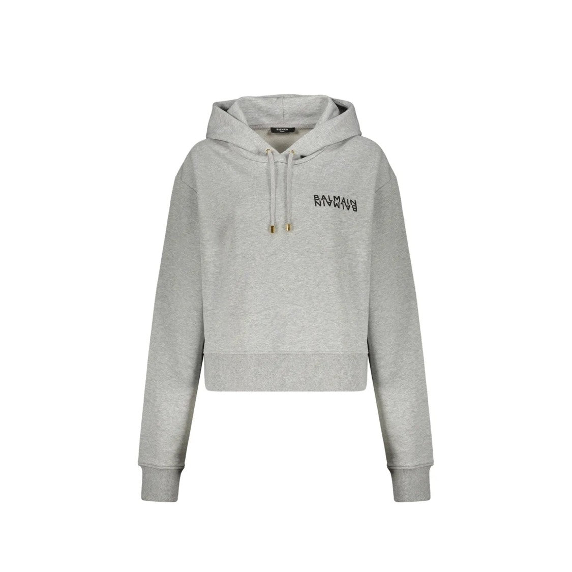 Balmain Cropped Heathered Grey Hoodie With Signature Logo