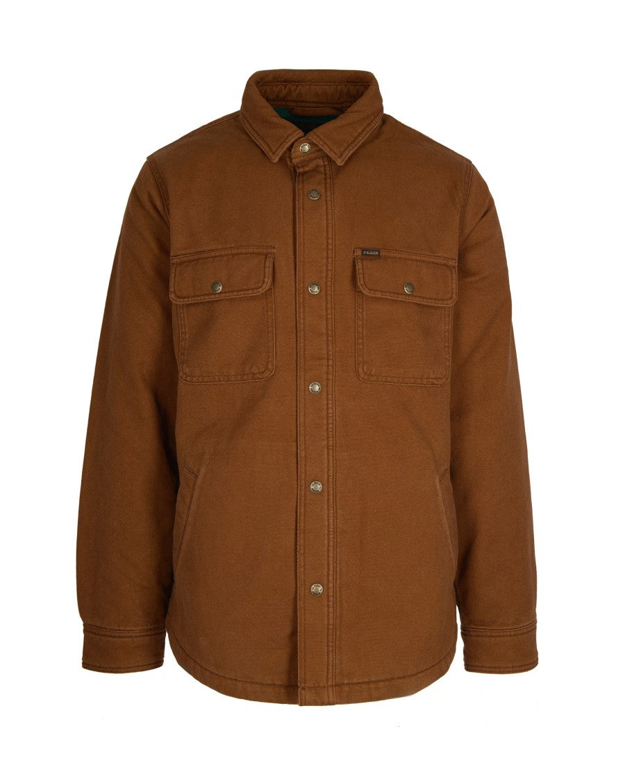 Filson Fleece-Lined Brown Canvas Shirt Jacket With Metal Snap Buttons