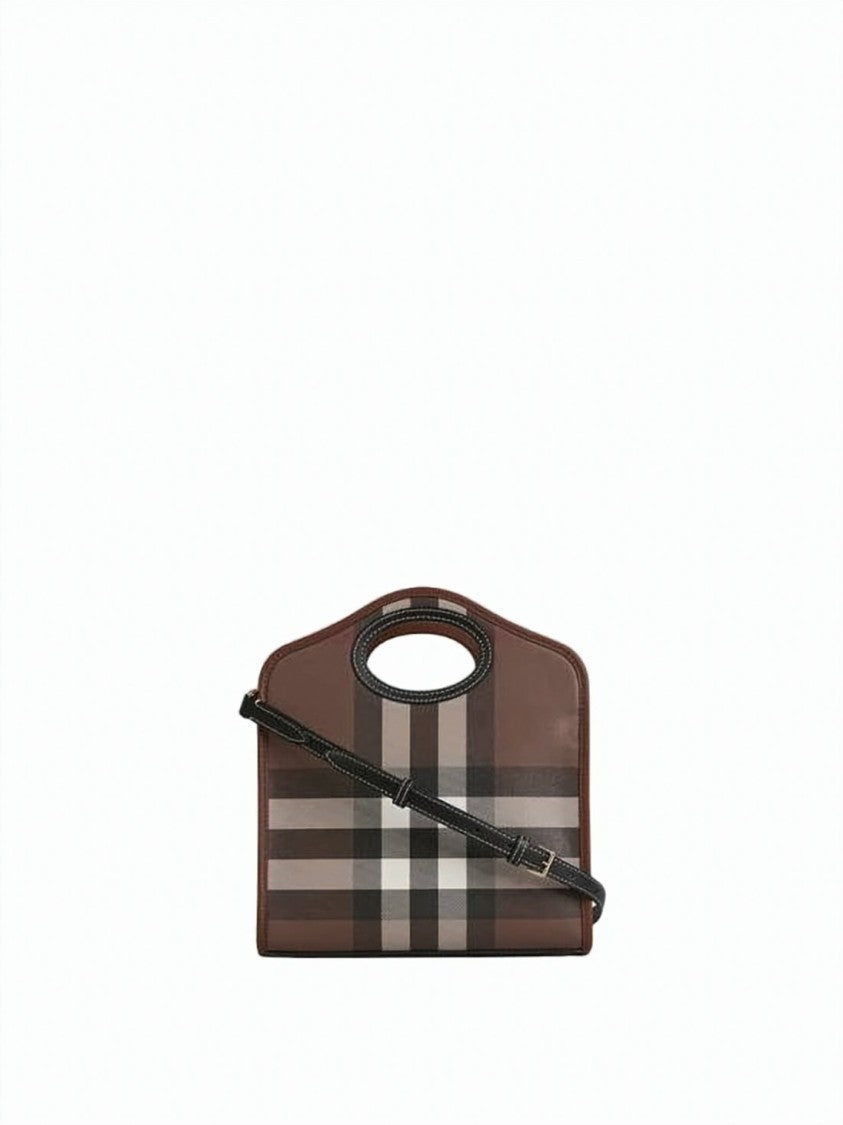 Burberry Structured Brown Check Tote Bag With Cut-Out Handle