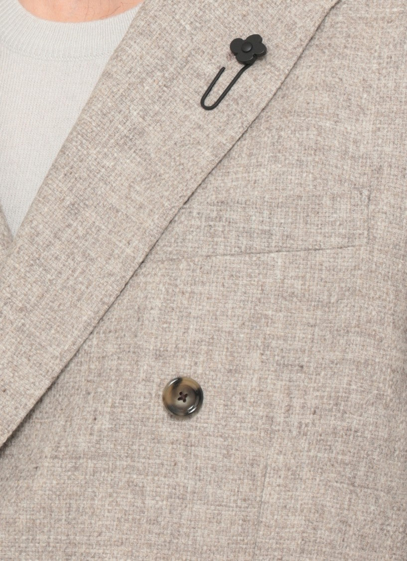 Lardini Beige Wool Double-Breasted Blazer With Iconic Peak Lapel Pin