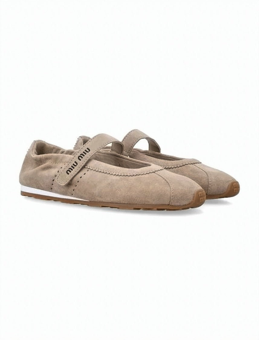 Miu Miu Suede Flat Shoes With Logo Embossed Strap